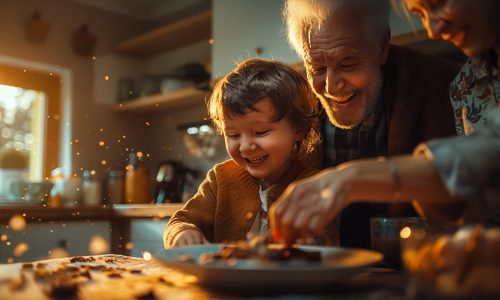 a happy family gathered around a kitchen table, enjoying a plate of warm chocolate brownies. Sunlight streams through the window, illuminating crumbs scattered on the table, captured by DSLR camera, high resolution --ar 16:9 --stylize 250 Job ID: d1a4ee2e-0c5f-49a5-a601-11629badf015